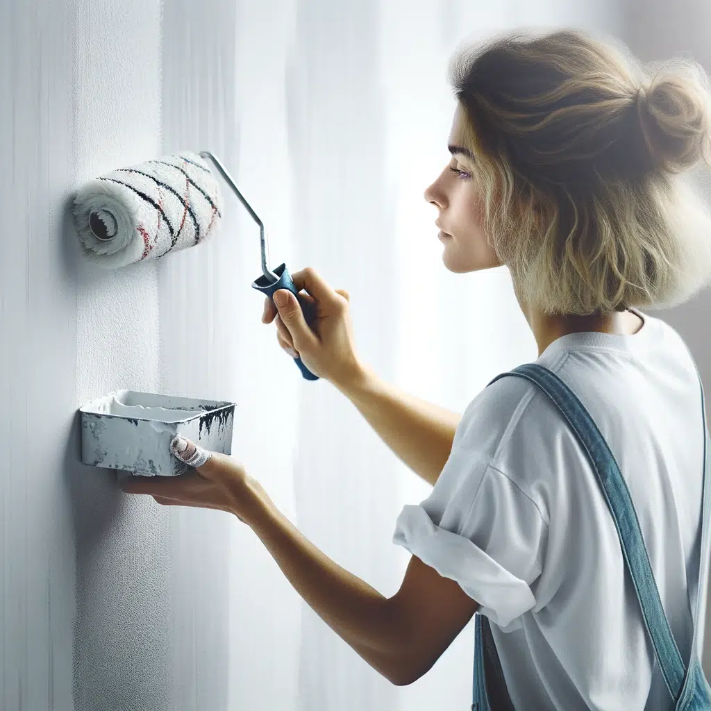 Vrouw schildert muur wit met verfroller.